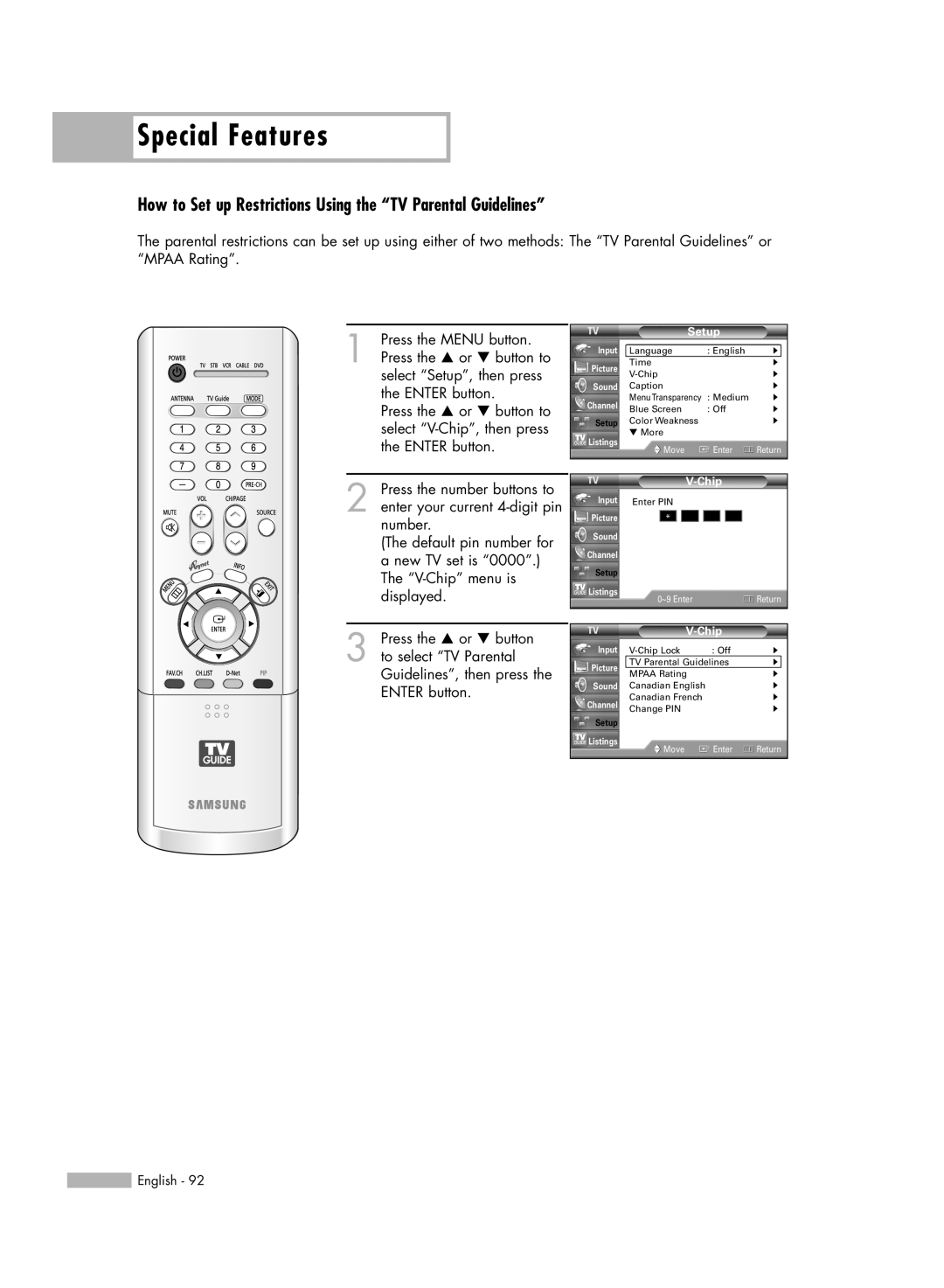 Samsung HL-R5688W manual How to Set up Restrictions Using the “TV Parental Guidelines”, Special Features 