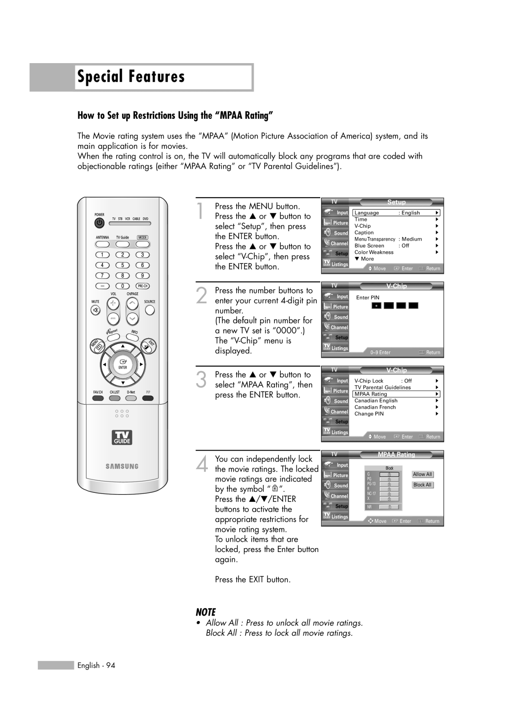 Samsung HL-R5688W manual How to Set up Restrictions Using the “MPAA Rating”, Special Features 