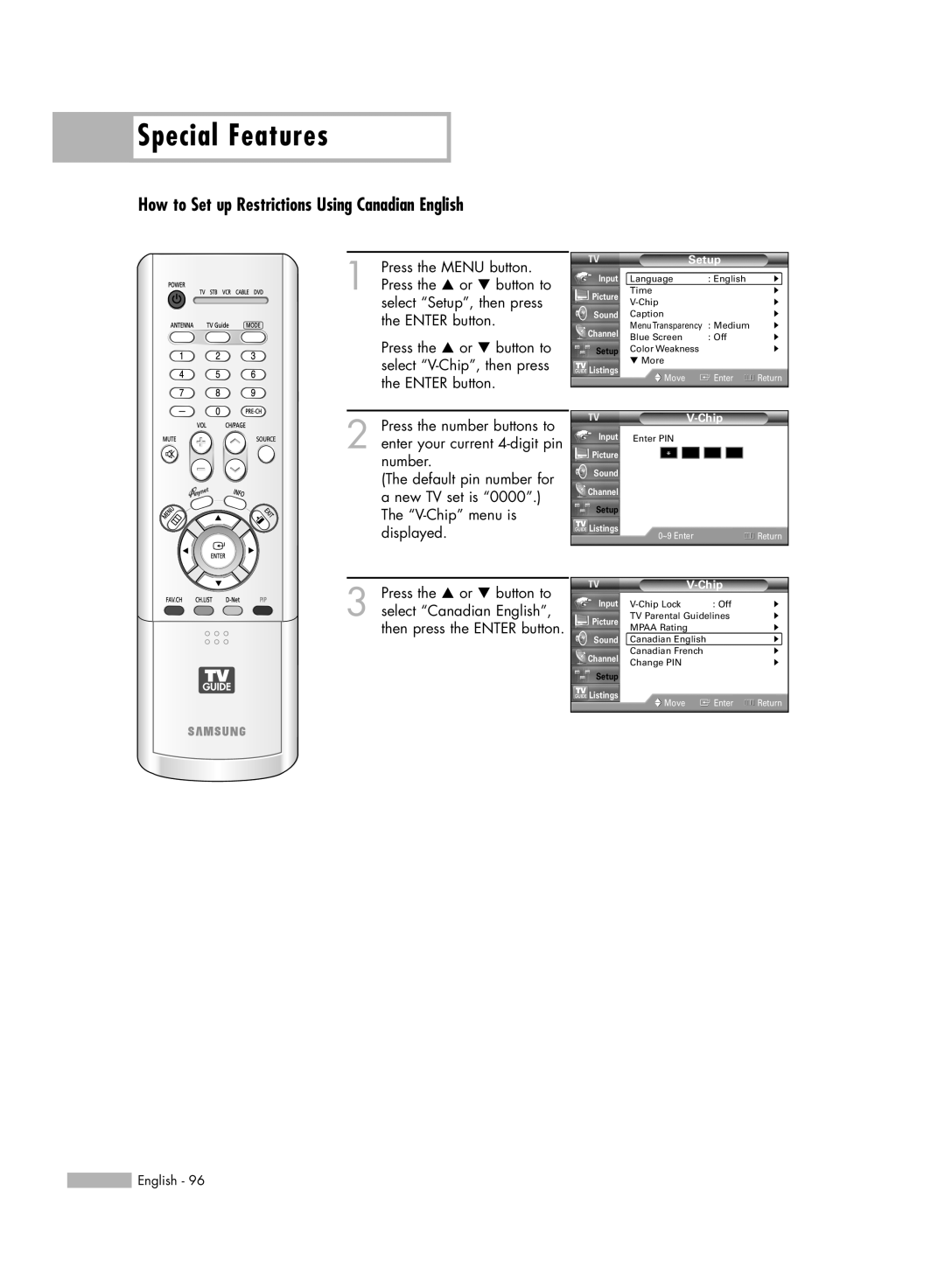 Samsung HL-R5688W manual How to Set up Restrictions Using Canadian English, Special Features 