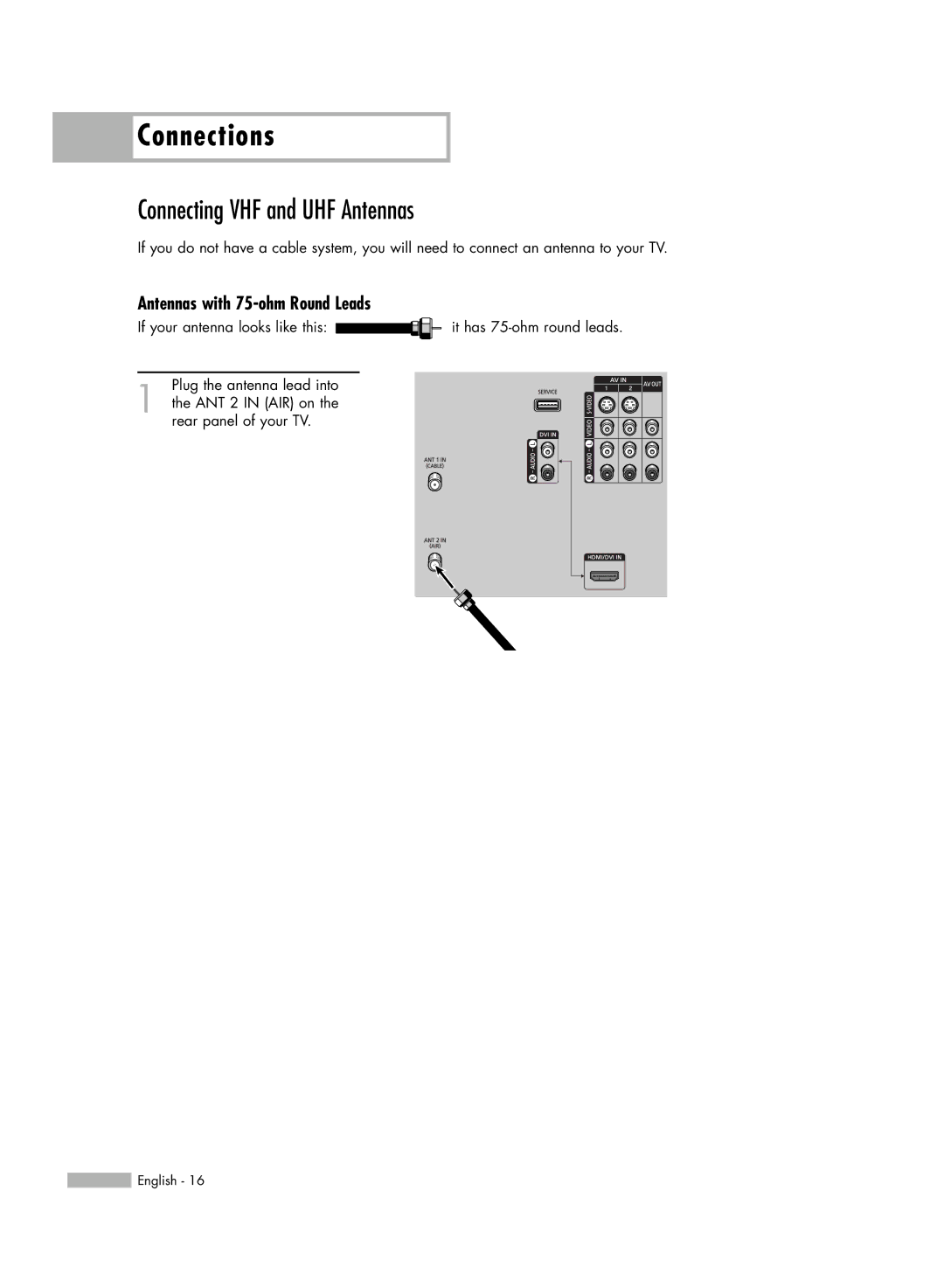 Samsung HL-R6156W, HL-R5656W, HL-R5056W manual Connections, Connecting VHF and UHF Antennas, Antennas with 75-ohm Round Leads 