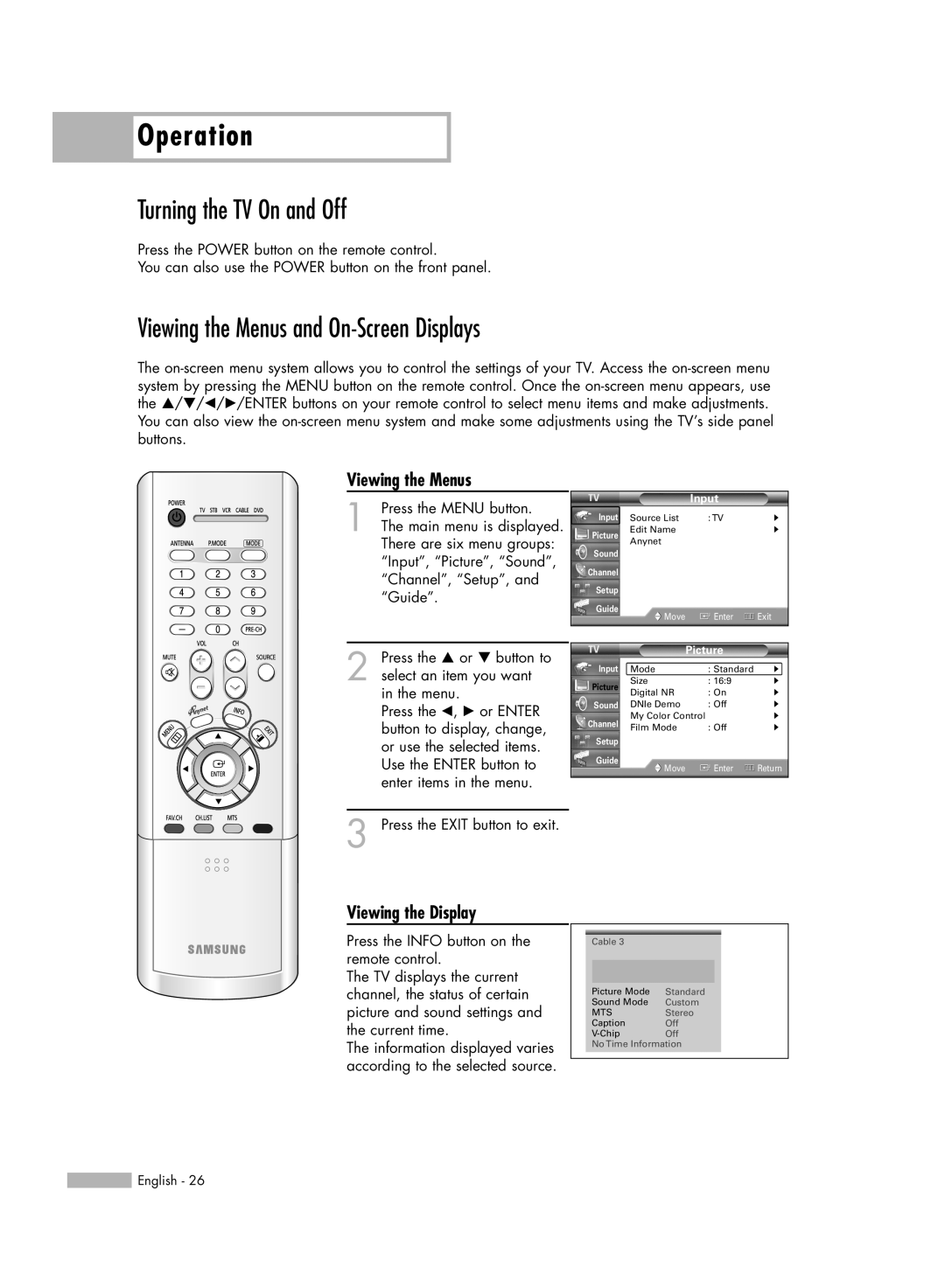 Samsung HL-R5056W Operation, Turning the TV On and Off, Viewing the Menus and On-Screen Displays, Viewing the Display 