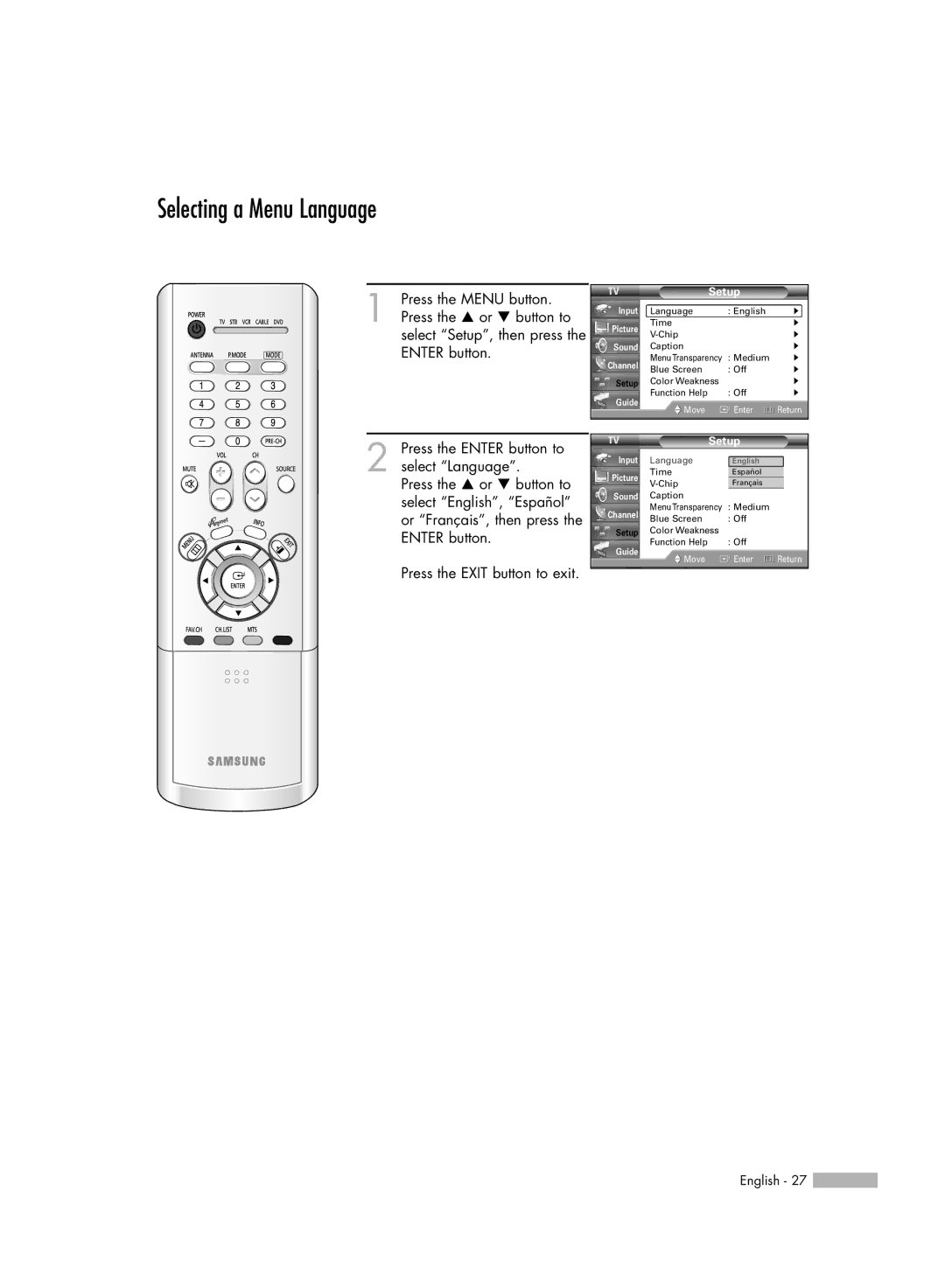 Samsung HL-R4656W, HL-R6156W, HL-R5656W, HL-R5056W manual Selecting a Menu Language, Setup 