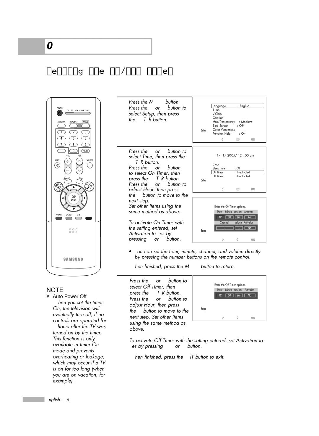 Samsung HL-R6156W, HL-R5656W, HL-R5056W, HL-R4656W manual Setting the On/Off Timer, Auto Power Off, On Timer 