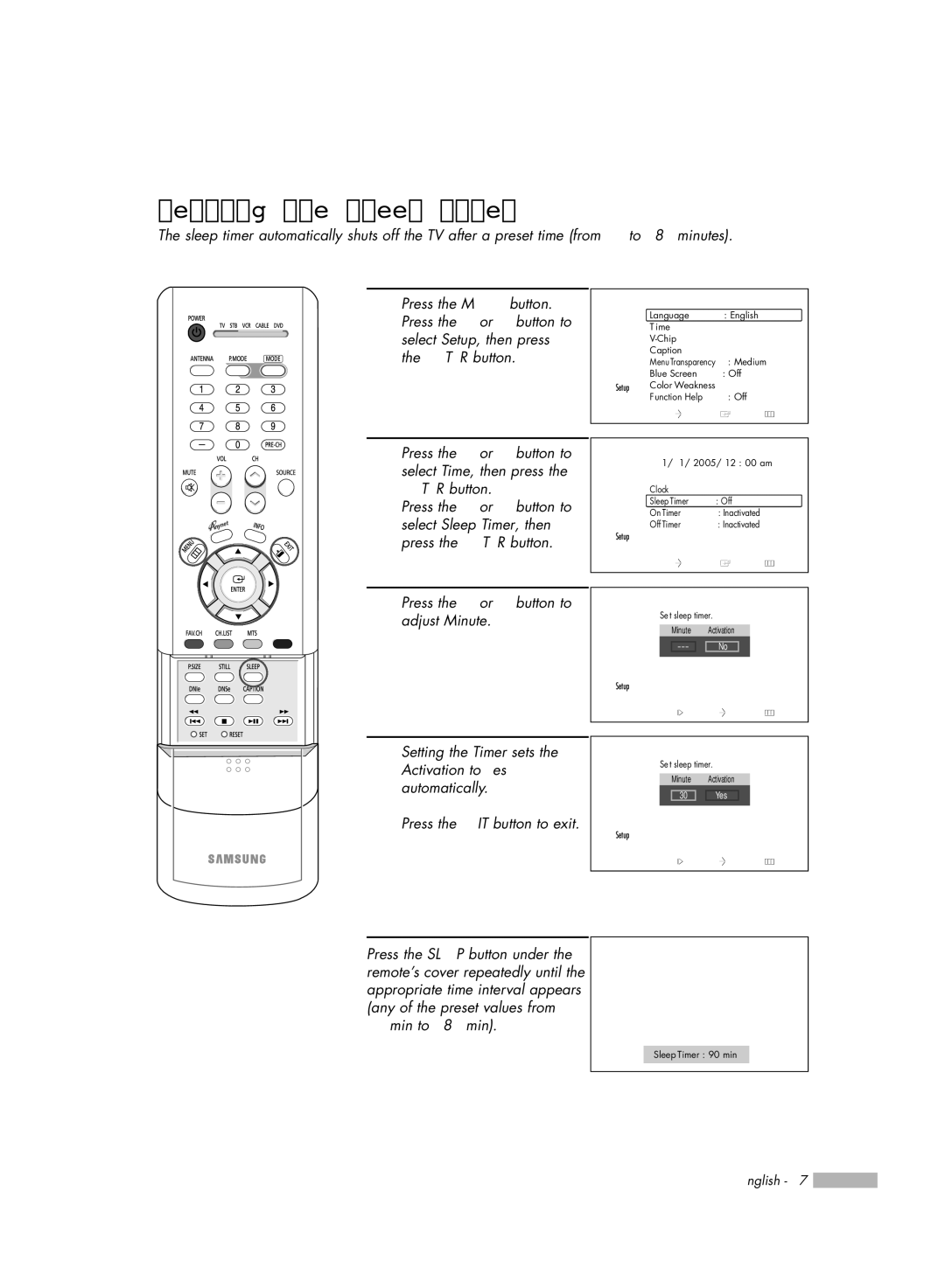 Samsung HL-R5656W, HL-R6156W, HL-R5056W, HL-R4656W manual Setting the Sleep Timer, Alternate method 