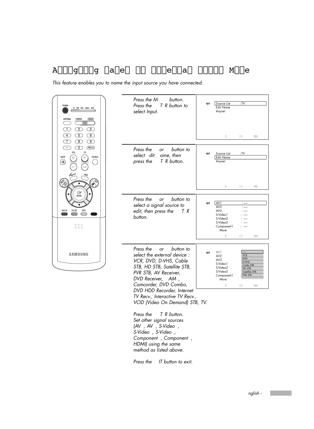 Samsung HL-R4656W, HL-R6156W, HL-R5656W, HL-R5056W manual Assigning Names to External Input Mode, Edit Name 