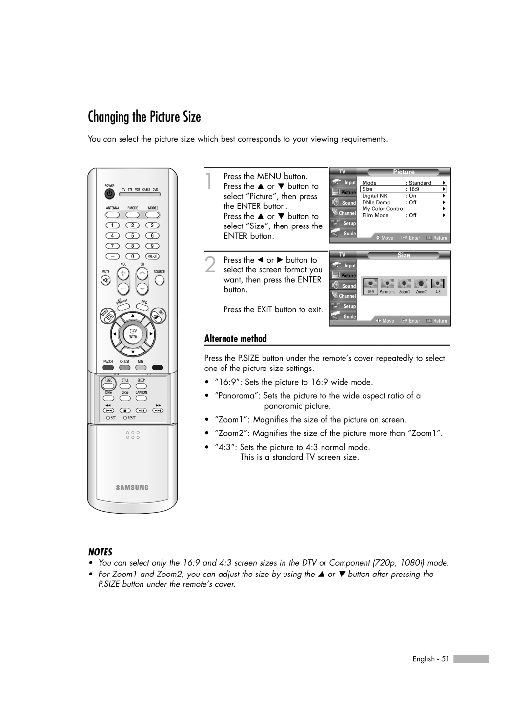 Samsung HL-R4656W, HL-R6156W, HL-R5656W, HL-R5056W manual Changing the Picture Size 