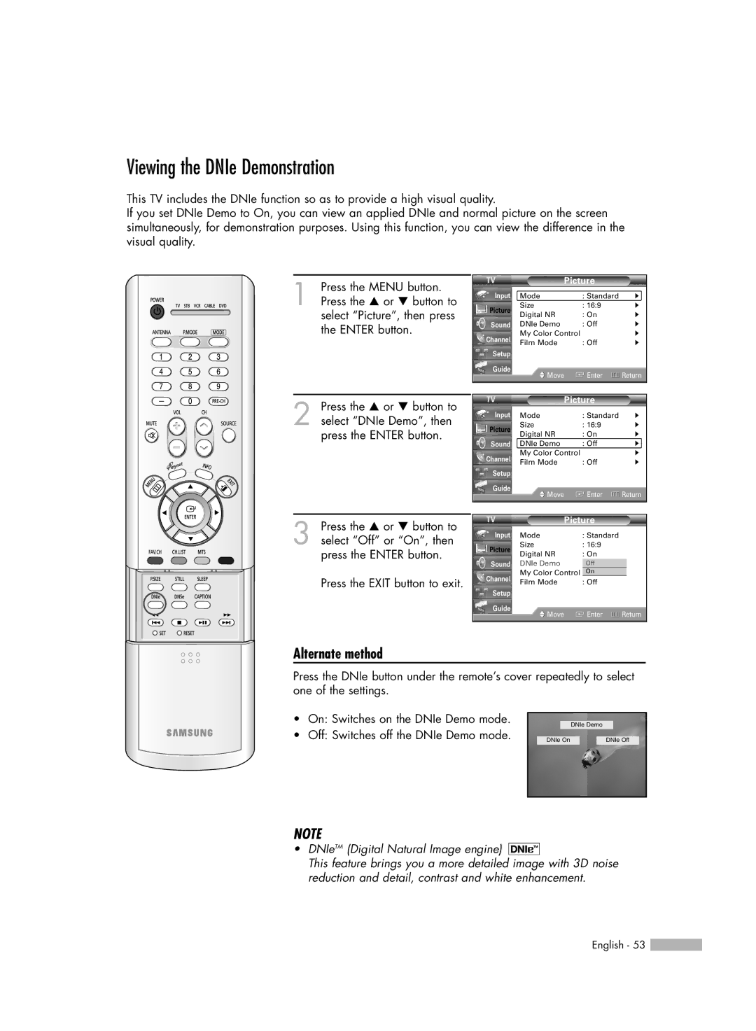 Samsung HL-R5656W, HL-R6156W, HL-R5056W, HL-R4656W manual Viewing the DNIe Demonstration, DNIeTM Digital Natural Image engine 