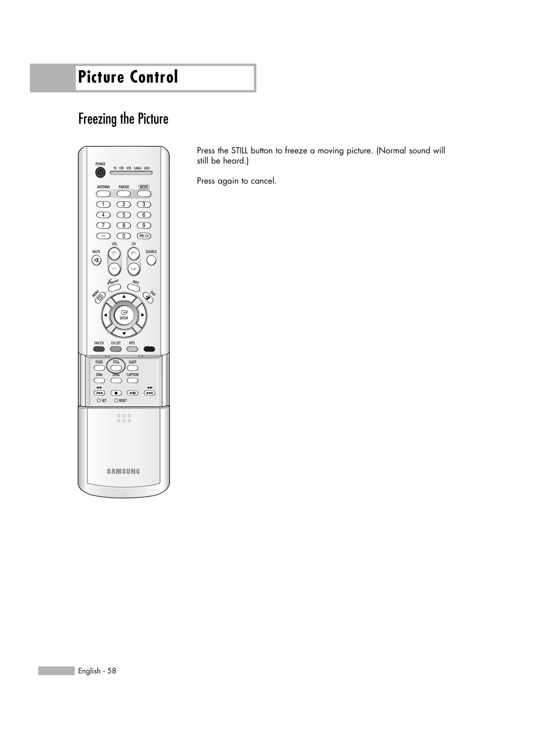 Samsung HL-R5056W, HL-R6156W, HL-R5656W, HL-R4656W manual Freezing the Picture 