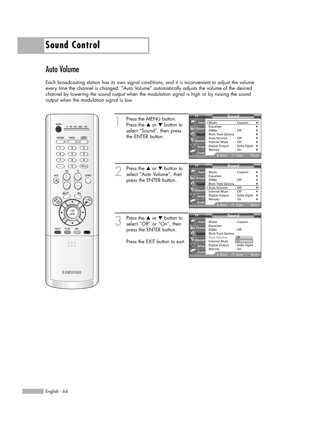 Samsung HL-R6156W, HL-R5656W, HL-R5056W, HL-R4656W manual Auto Volume 