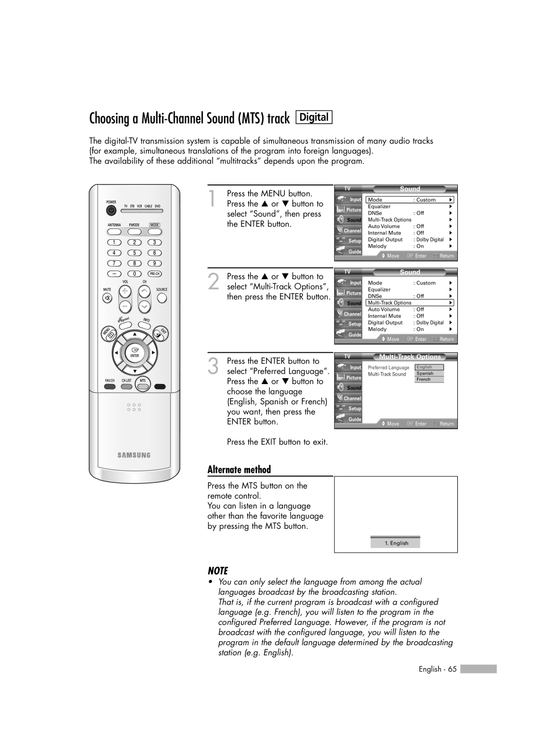 Samsung HL-R5656W, HL-R6156W, HL-R5056W, HL-R4656W manual Press the MTS button on the remote control, Multi-Track Options 