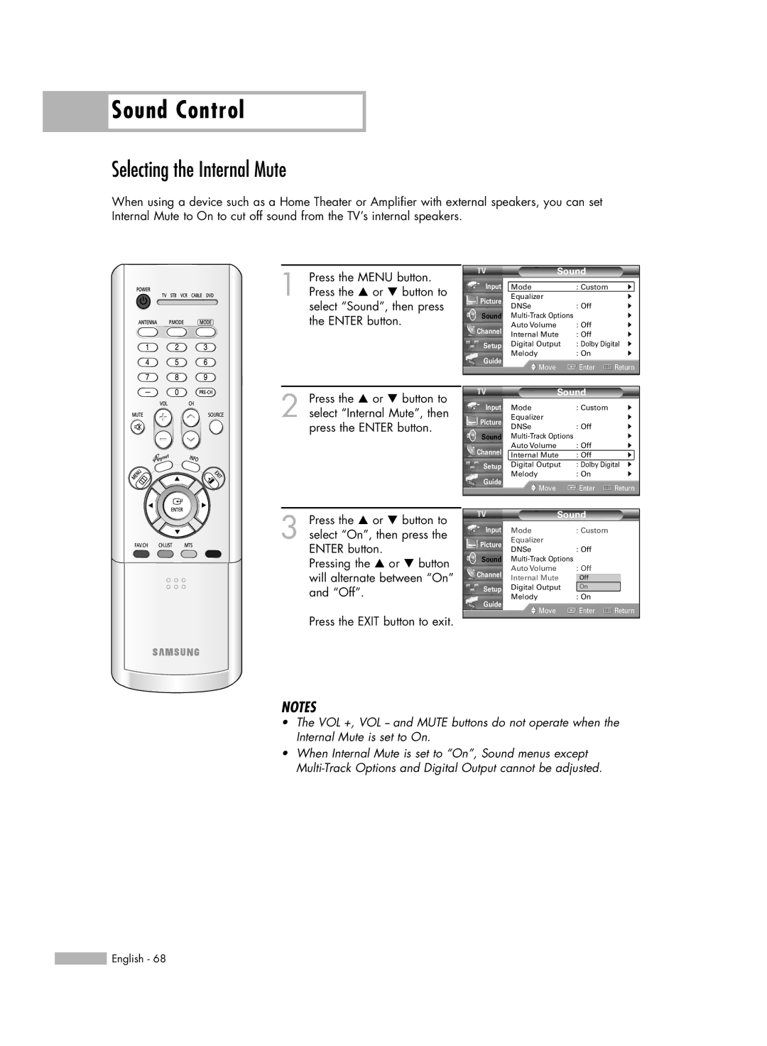 Samsung HL-R6156W, HL-R5656W, HL-R5056W, HL-R4656W manual Selecting the Internal Mute 