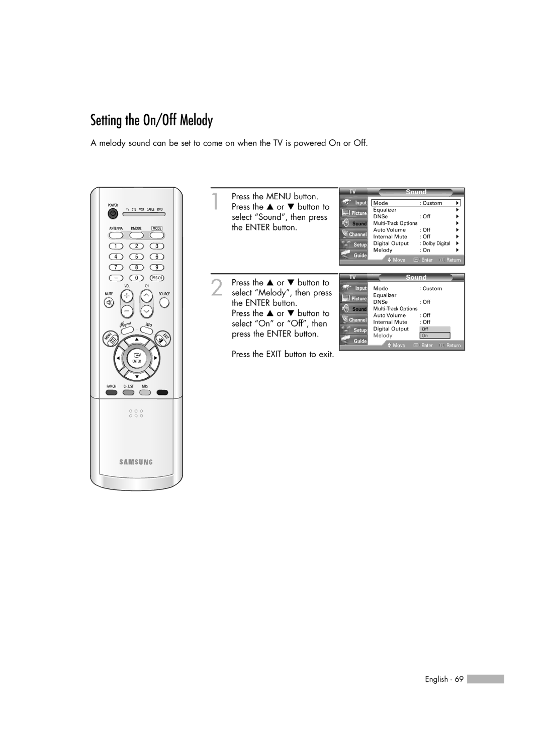 Samsung HL-R5656W, HL-R6156W, HL-R5056W, HL-R4656W manual Setting the On/Off Melody 