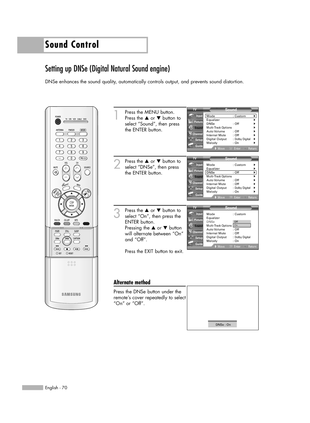 Samsung HL-R5056W, HL-R6156W, HL-R5656W, HL-R4656W manual Setting up DNSe Digital Natural Sound engine, Alternate method 