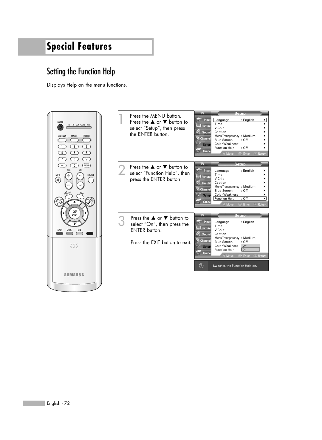 Samsung HL-R6156W, HL-R5656W, HL-R5056W, HL-R4656W manual Special Features, Setting the Function Help 