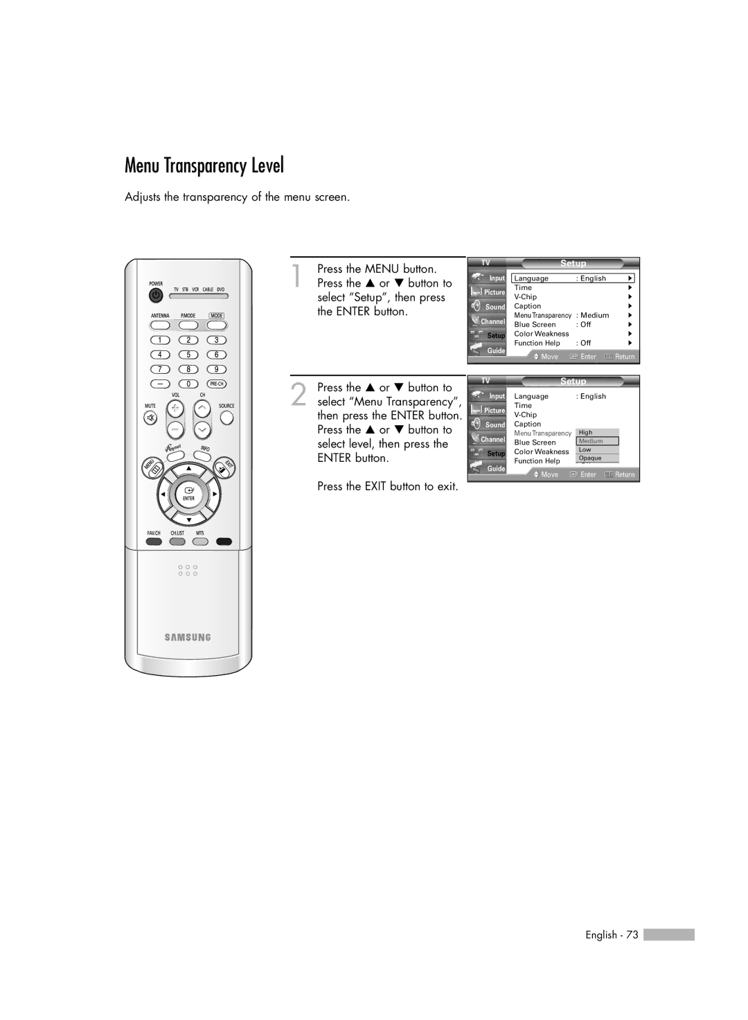 Samsung HL-R5656W, HL-R6156W, HL-R5056W, HL-R4656W manual Menu Transparency Level 