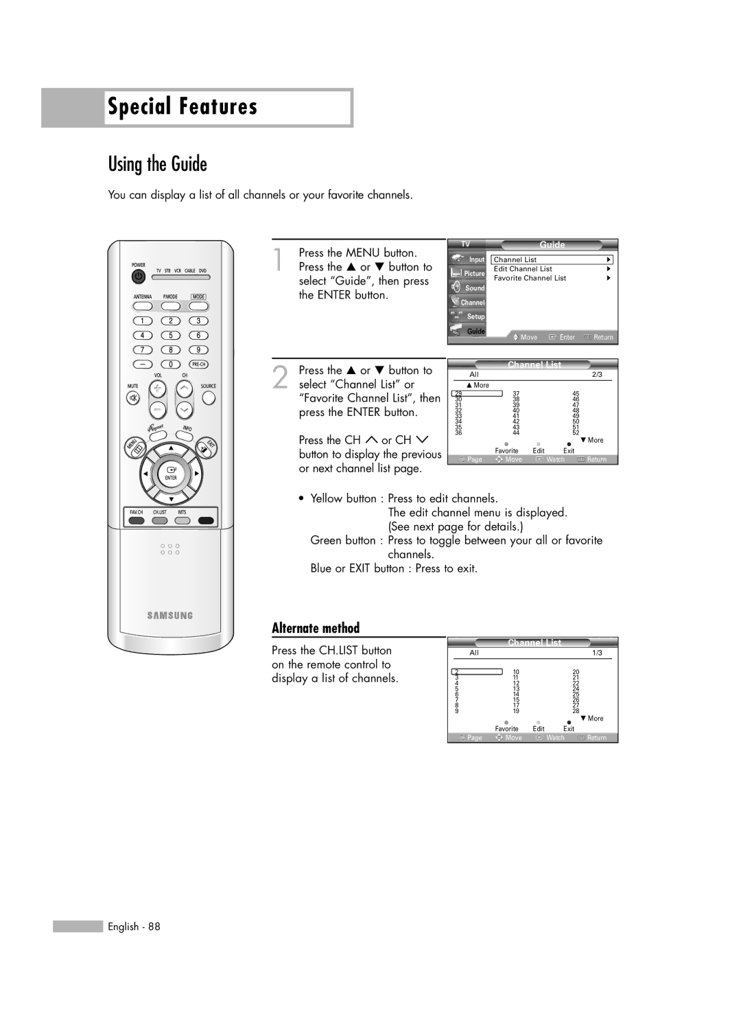 Samsung HL-R6156W, HL-R5656W, HL-R5056W, HL-R4656W manual Using the Guide, Channel List 