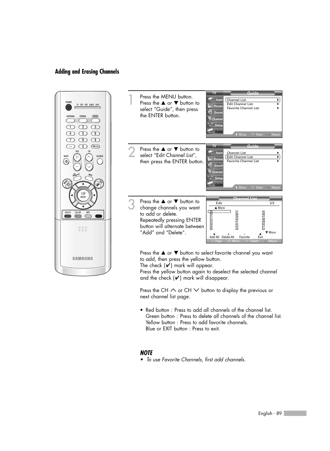 Samsung HL-R5656W, HL-R6156W, HL-R5056W, HL-R4656W manual Adding and Erasing Channels 