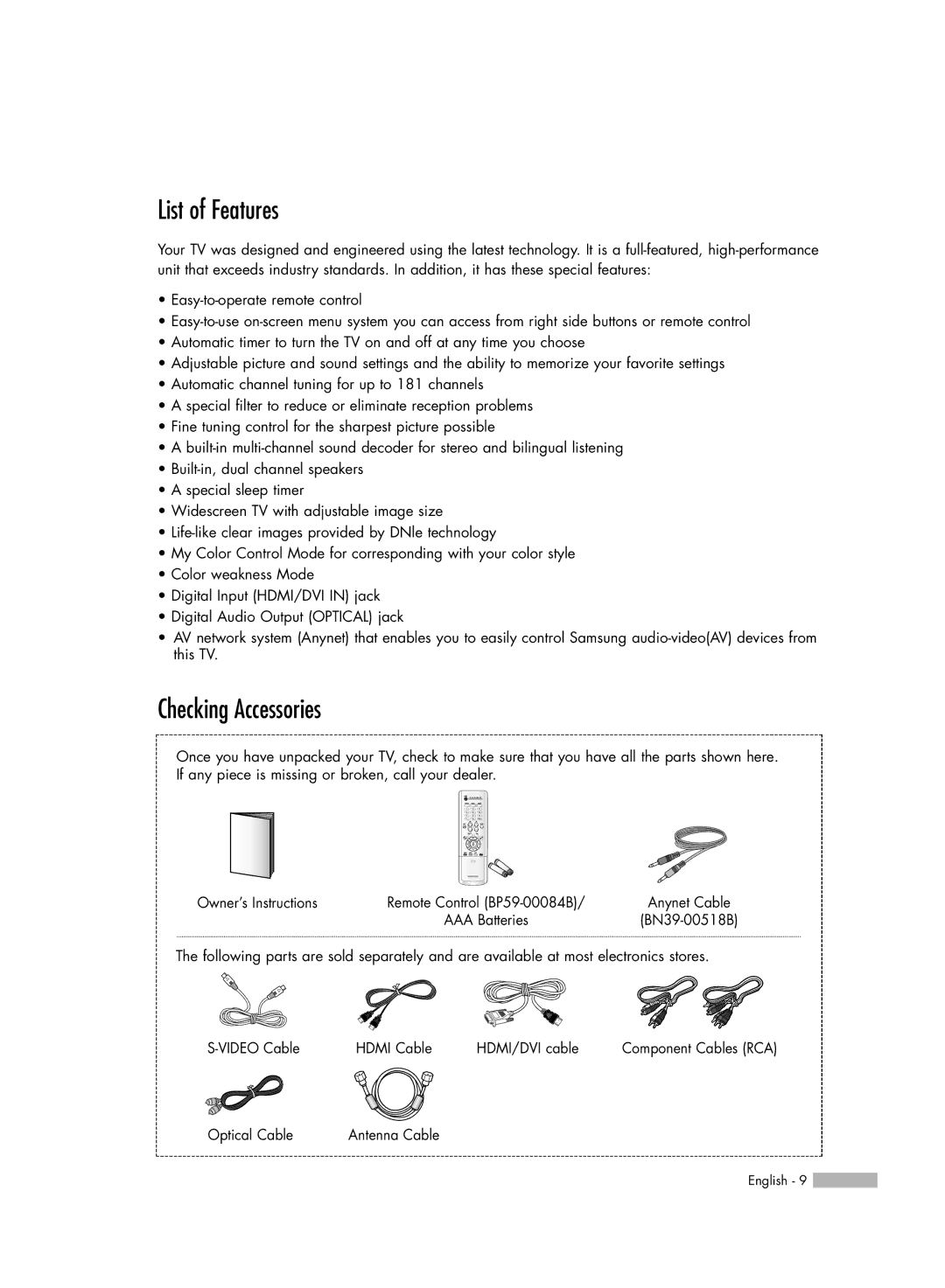 Samsung HL-R5656W, HL-R6156W, HL-R5056W, HL-R4656W manual List of Features, Checking Accessories 