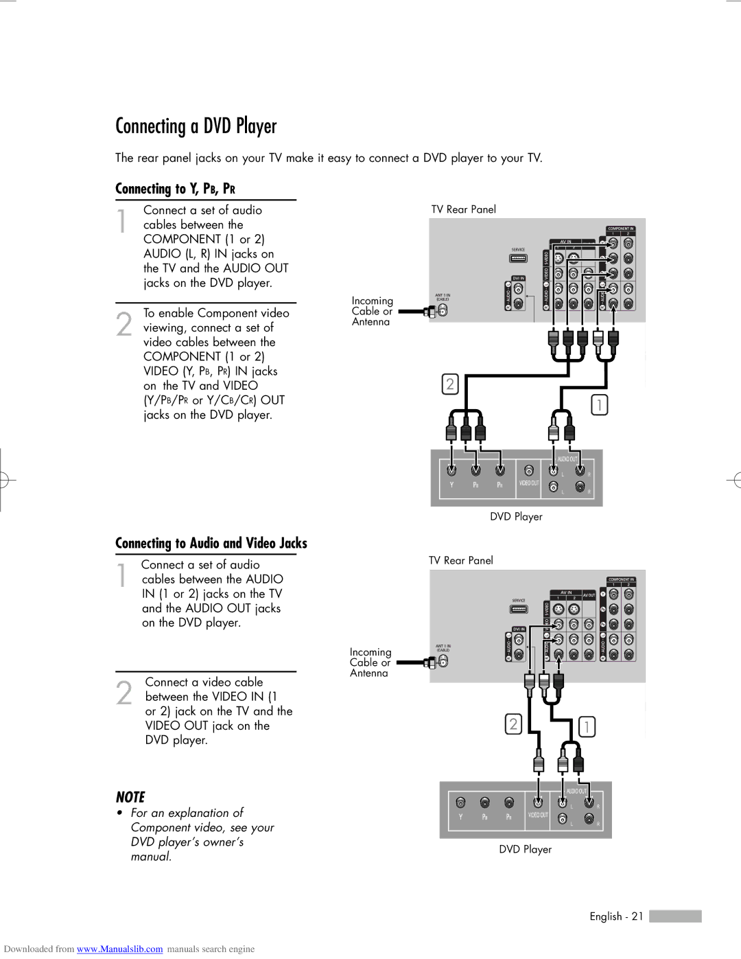 Samsung HL-R6156W, HL-R5656W manual Connecting a DVD Player, Connecting to Y, PB, PR, Connecting to Audio and Video Jacks 