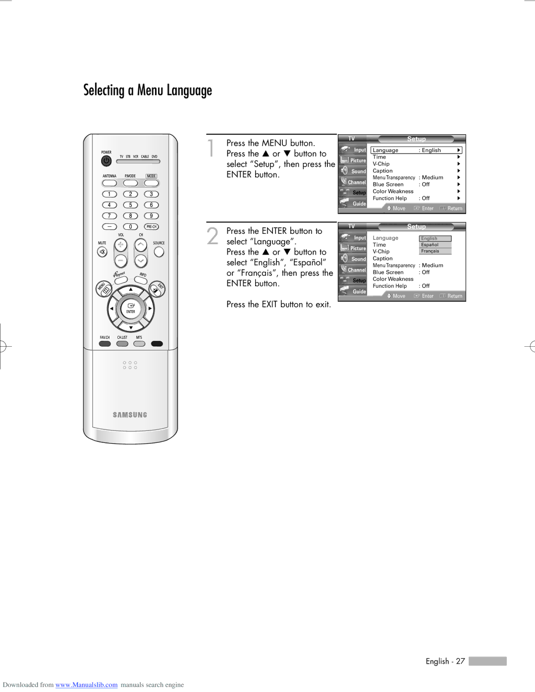 Samsung HL-R6156W, HL-R5656W, HL-R5056W manual Selecting a Menu Language, Setup 