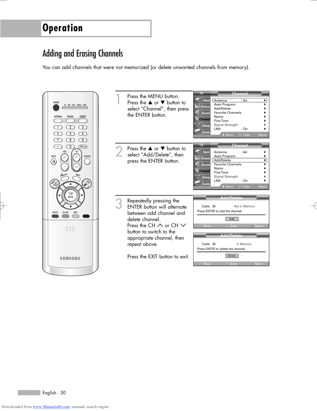 Samsung HL-R6156W, HL-R5656W, HL-R5056W manual Adding and Erasing Channels, Add/Delete 