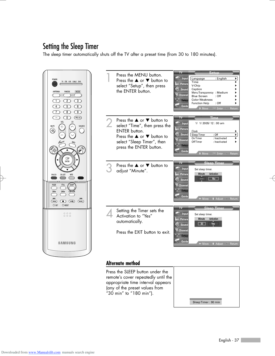 Samsung HL-R5656W, HL-R6156W, HL-R5056W manual Setting the Sleep Timer, Alternate method 