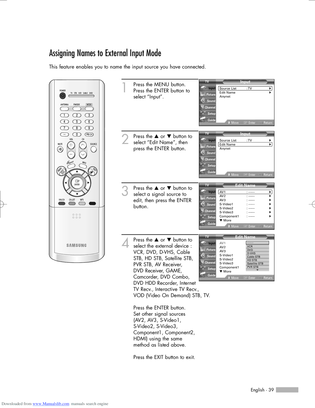 Samsung HL-R6156W, HL-R5656W, HL-R5056W manual Assigning Names to External Input Mode, Edit Name 