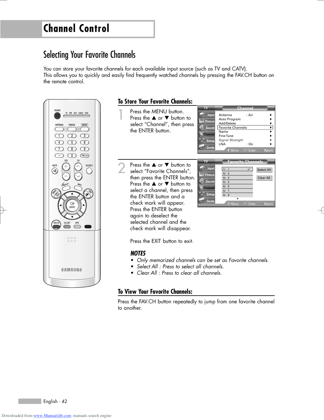 Samsung HL-R6156W, HL-R5656W, HL-R5056W Channel Control, Selecting Your Favorite Channels, To View Your Favorite Channels 