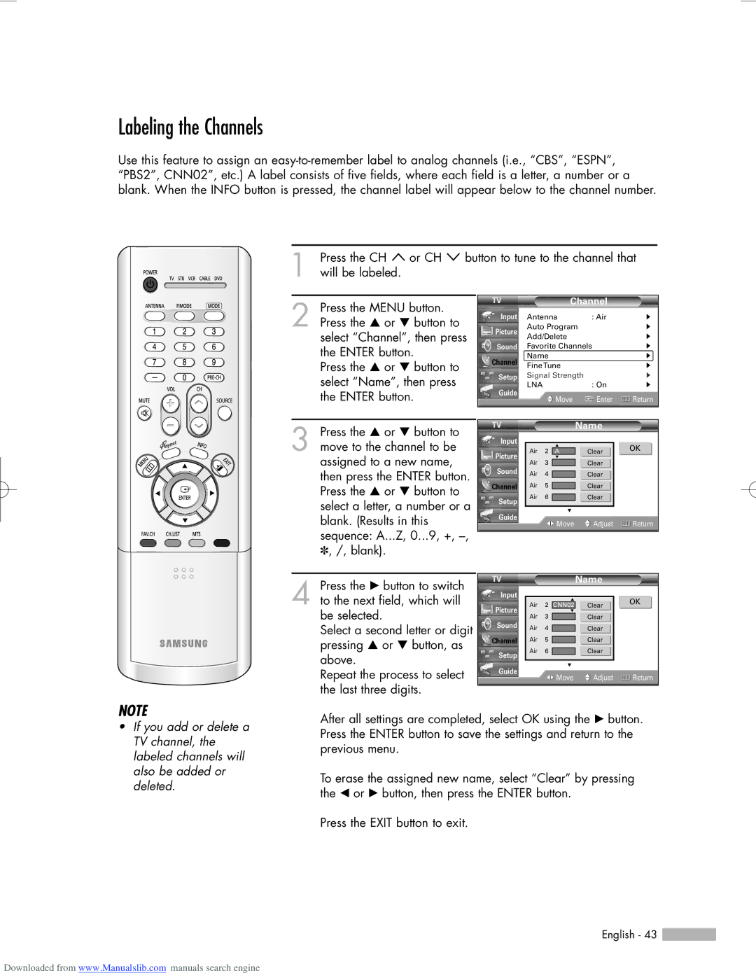 Samsung HL-R5656W, HL-R6156W, HL-R5056W manual Labeling the Channels, Name 