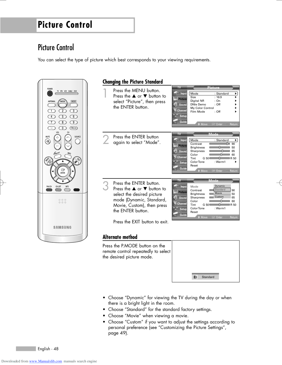 Samsung HL-R6156W, HL-R5656W, HL-R5056W manual Picture Control, Changing the Picture Standard, Mode 