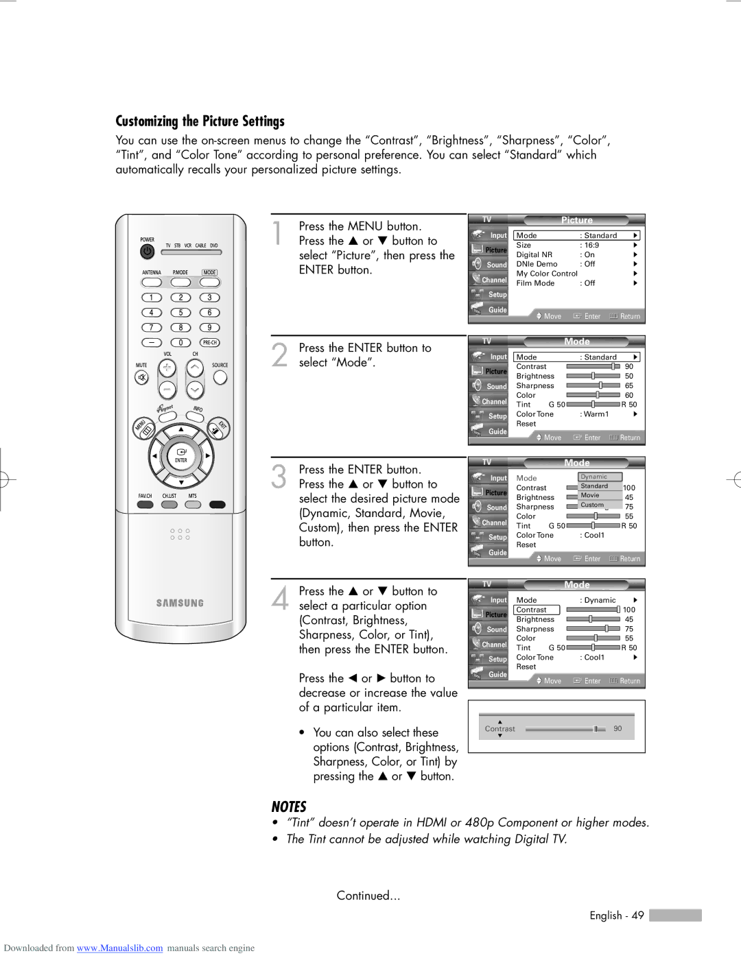 Samsung HL-R5656W, HL-R6156W, HL-R5056W manual Customizing the Picture Settings, Select a particular option 