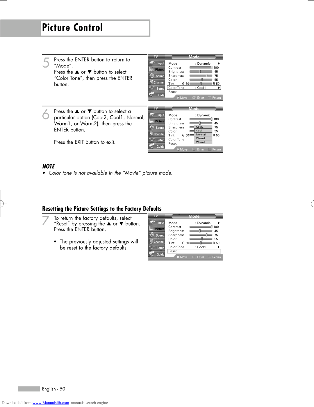 Samsung HL-R5056W, HL-R6156W, HL-R5656W manual Resetting the Picture Settings to the Factory Defaults 