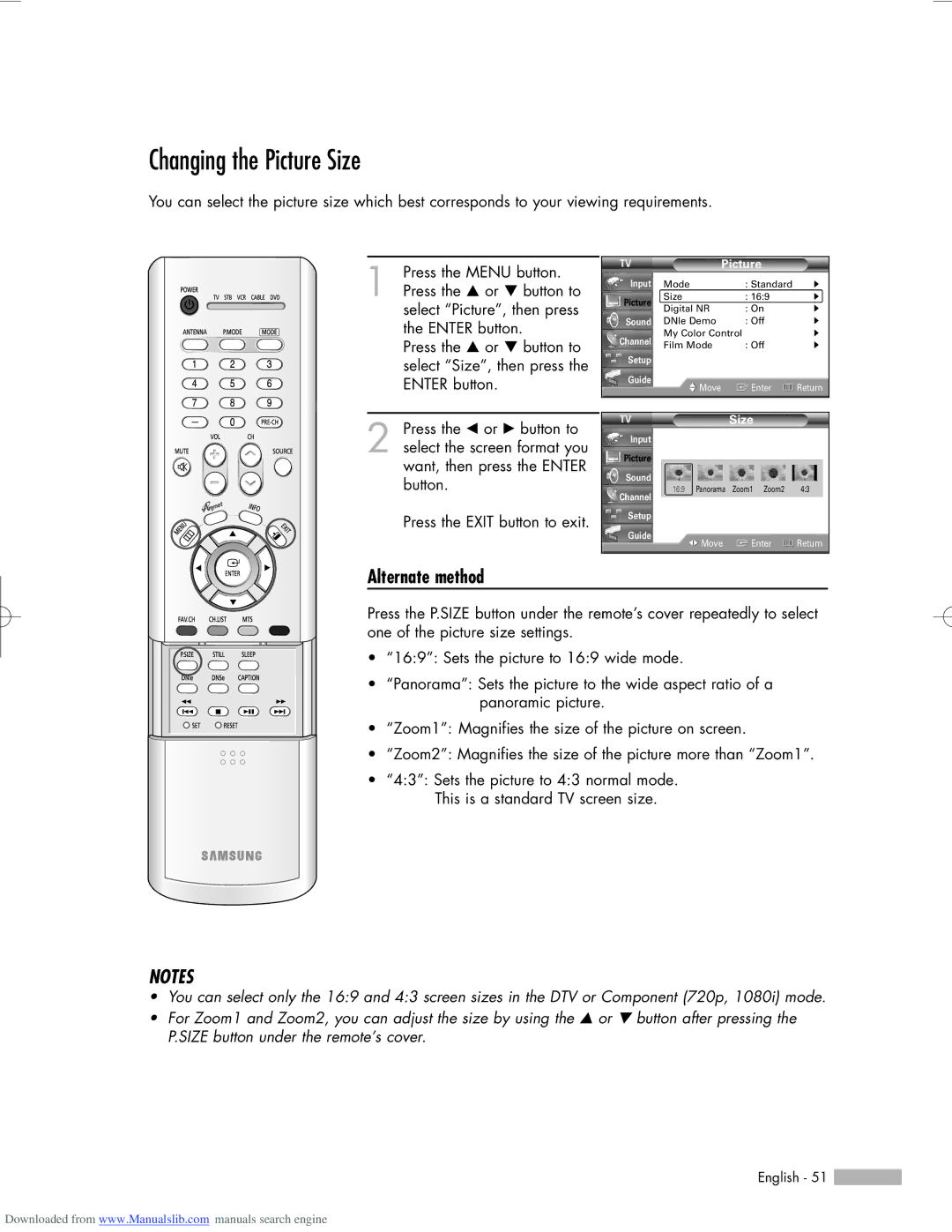 Samsung HL-R6156W, HL-R5656W, HL-R5056W manual Changing the Picture Size 