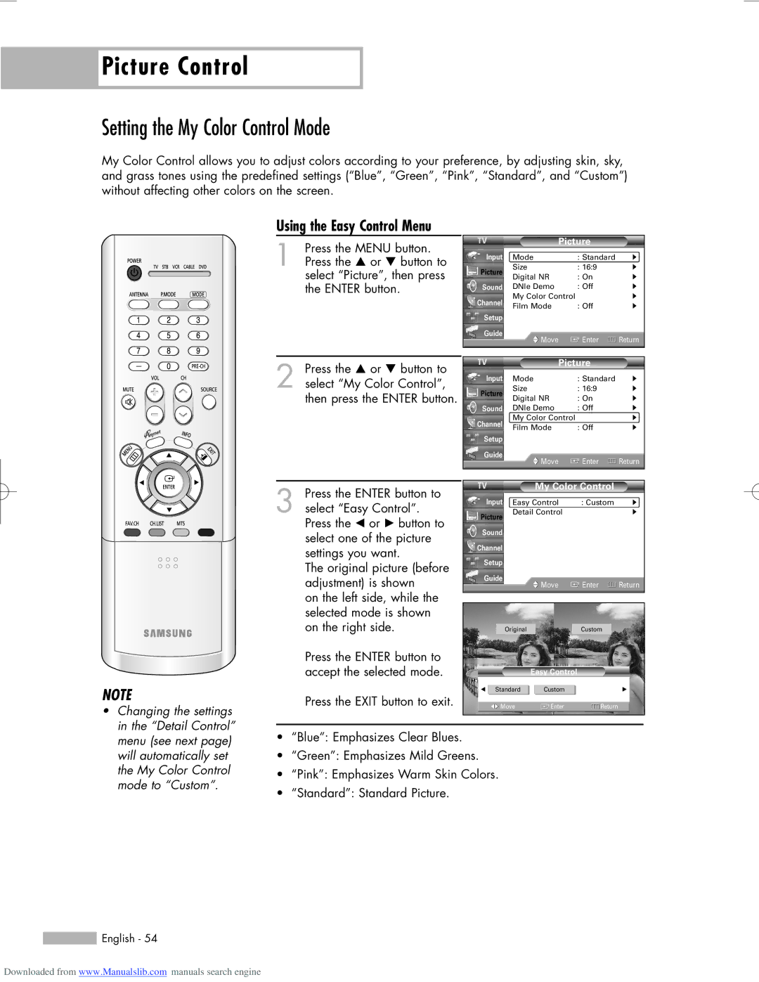 Samsung HL-R6156W, HL-R5656W, HL-R5056W manual Setting the My Color Control Mode, Using the Easy Control Menu 