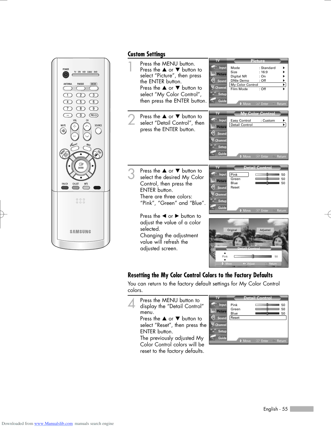 Samsung HL-R5656W, HL-R6156W, HL-R5056W manual Custom Settings, Detail Control 