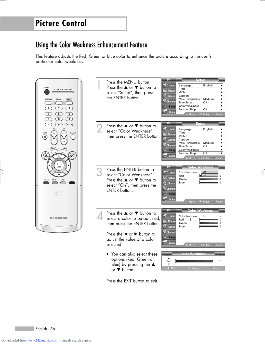 Samsung HL-R5056W, HL-R6156W, HL-R5656W manual Using the Color Weakness Enhancement Feature 