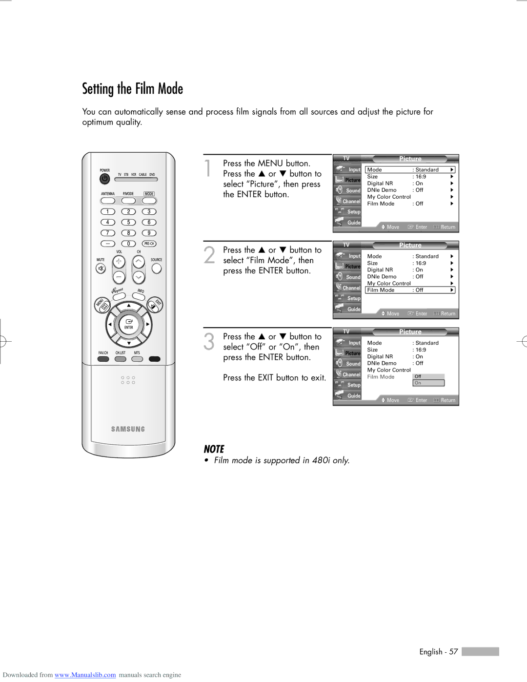 Samsung HL-R6156W, HL-R5656W, HL-R5056W manual Setting the Film Mode 