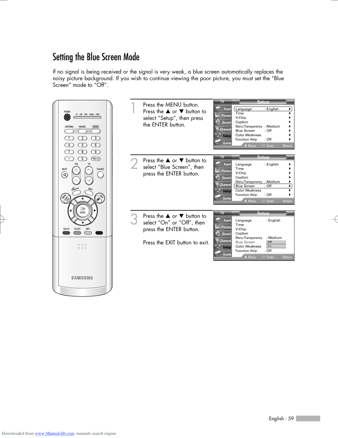 Samsung HL-R5056W, HL-R6156W, HL-R5656W manual Setting the Blue Screen Mode, Setup 