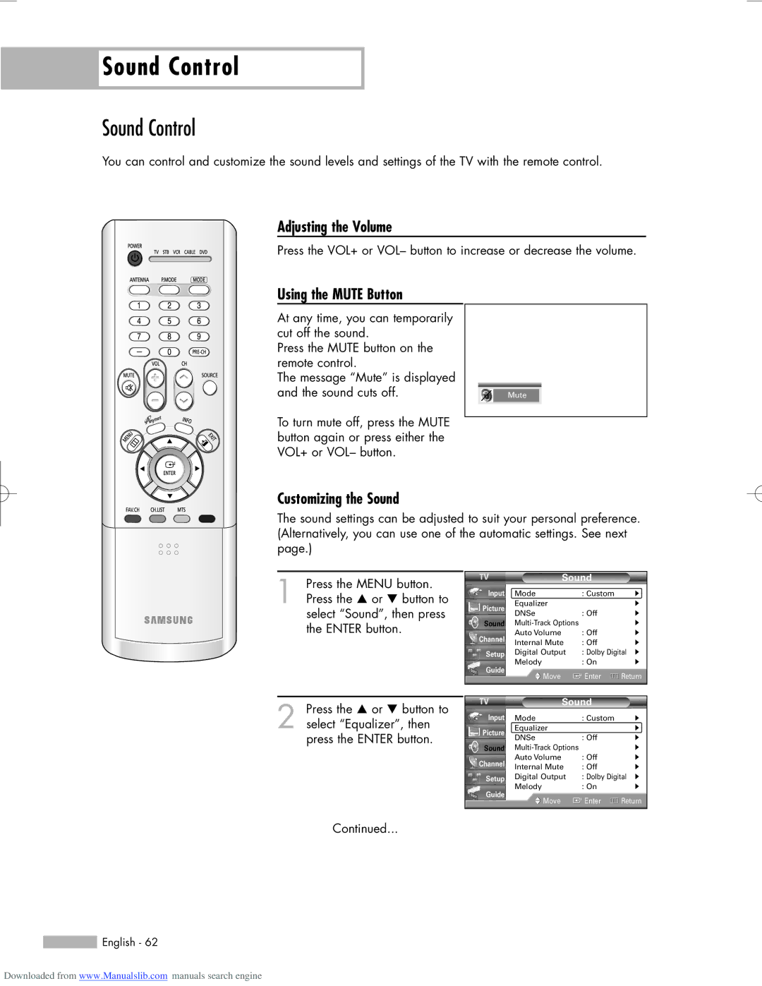 Samsung HL-R5056W, HL-R6156W, HL-R5656W Sound Control, Adjusting the Volume, Using the Mute Button, Customizing the Sound 