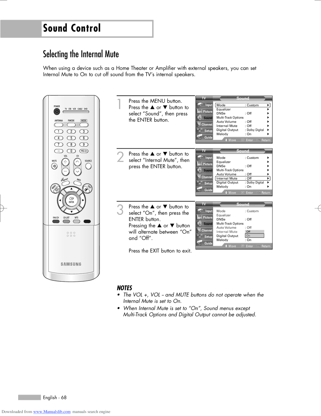 Samsung HL-R5056W, HL-R6156W, HL-R5656W manual Selecting the Internal Mute 