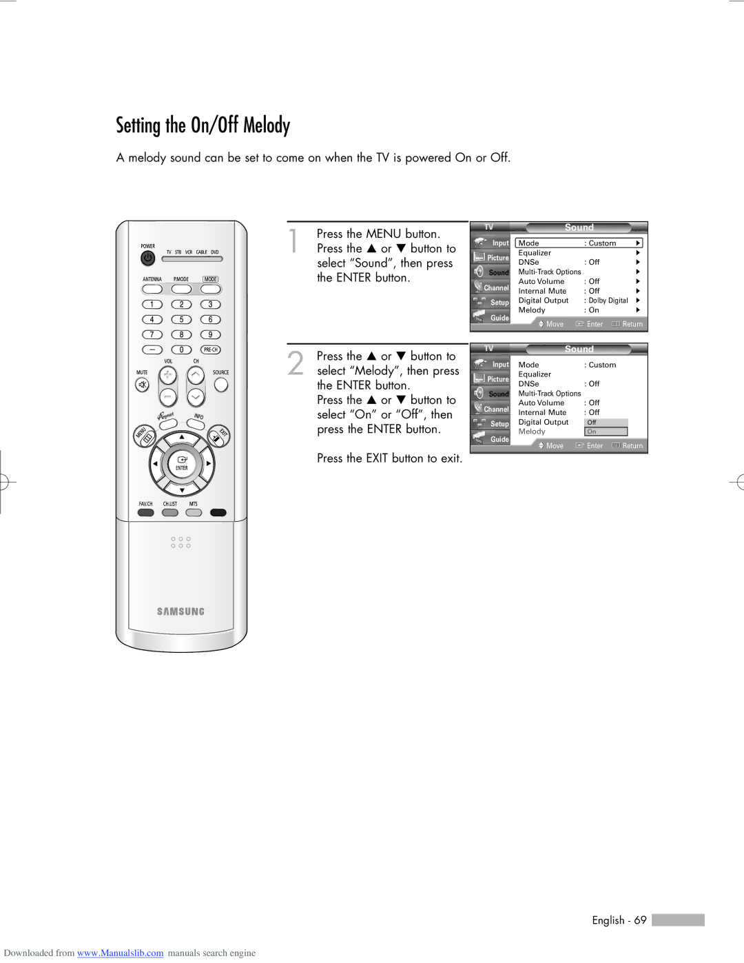 Samsung HL-R6156W, HL-R5656W, HL-R5056W manual Setting the On/Off Melody 