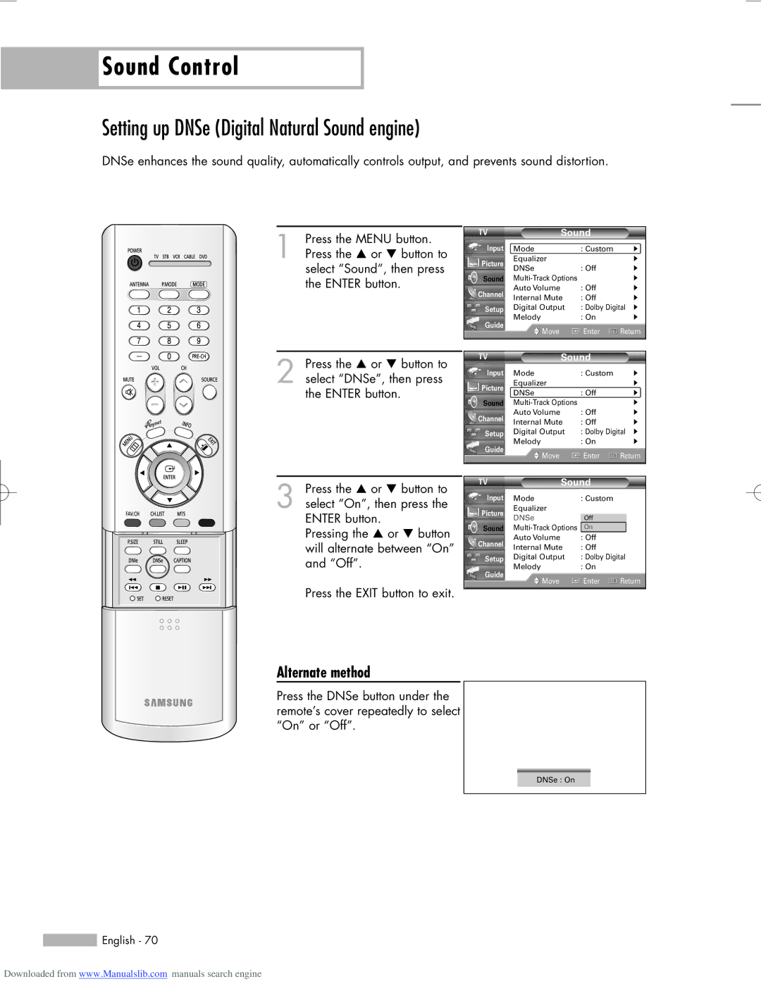 Samsung HL-R5656W, HL-R6156W, HL-R5056W manual Setting up DNSe Digital Natural Sound engine, Alternate method 