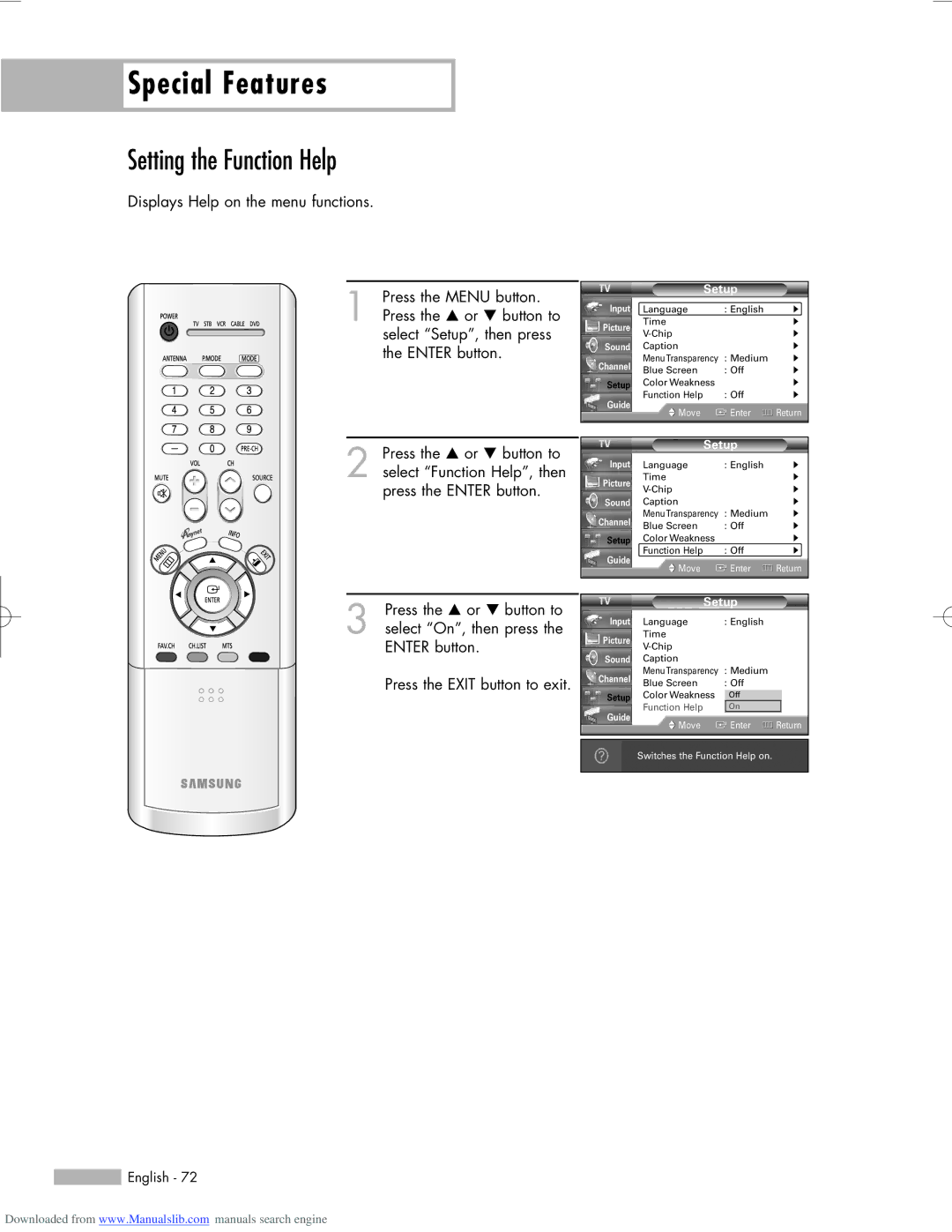 Samsung HL-R6156W, HL-R5656W, HL-R5056W manual Special Features, Setting the Function Help 