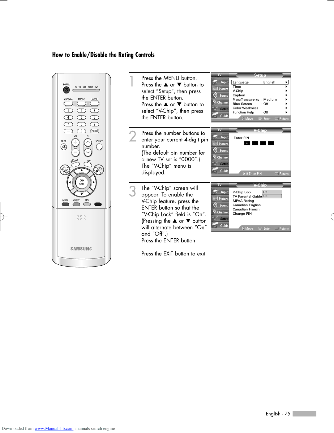 Samsung HL-R6156W, HL-R5656W, HL-R5056W manual How to Enable/Disable the Rating Controls 