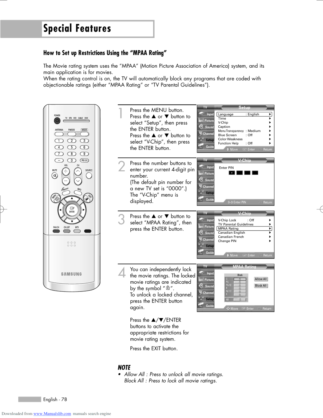 Samsung HL-R6156W, HL-R5656W, HL-R5056W manual How to Set up Restrictions Using the Mpaa Rating 