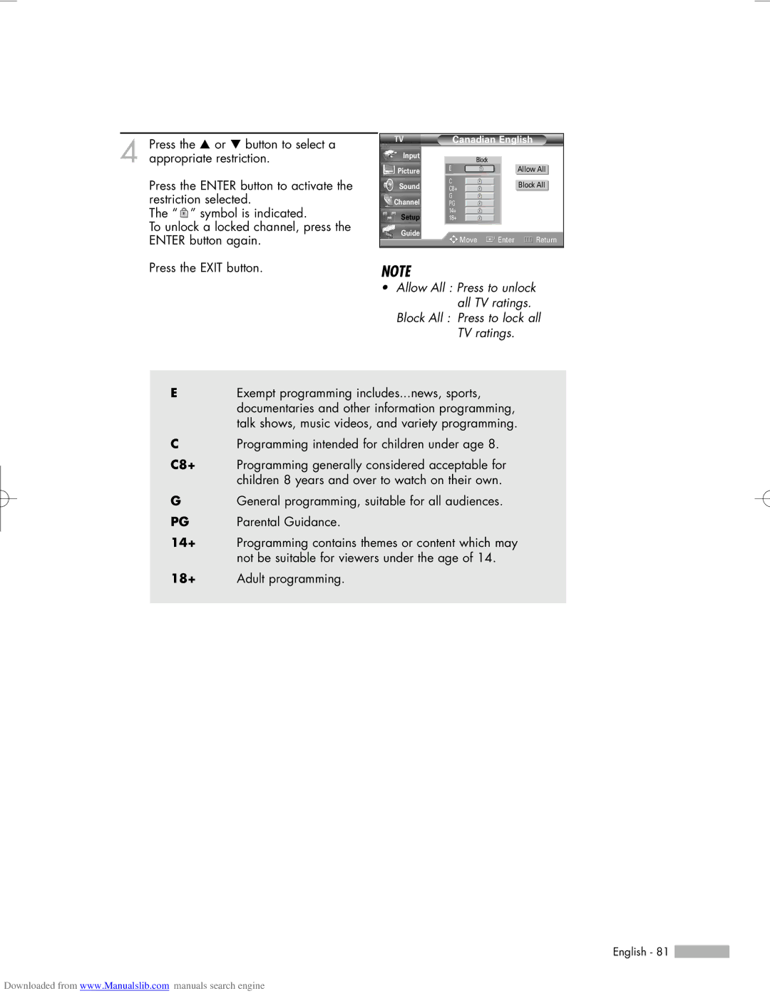 Samsung HL-R6156W, HL-R5656W, HL-R5056W manual Block All Press to lock all TV ratings, Canadian English 