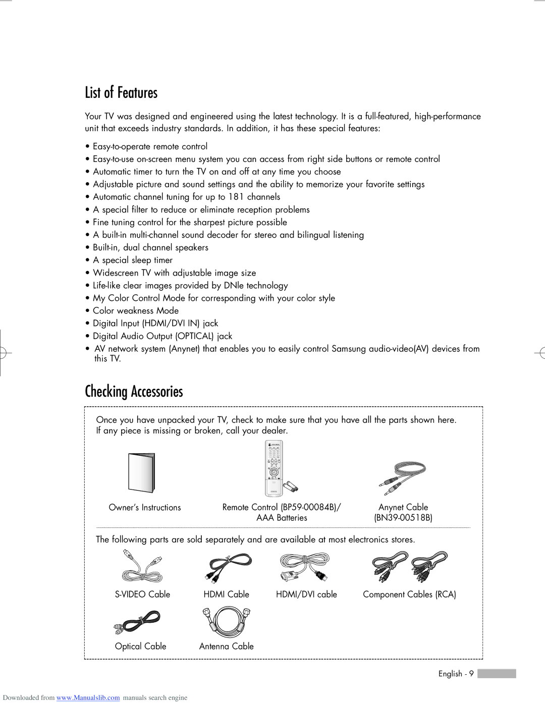 Samsung HL-R6156W, HL-R5656W, HL-R5056W manual List of Features, Checking Accessories 