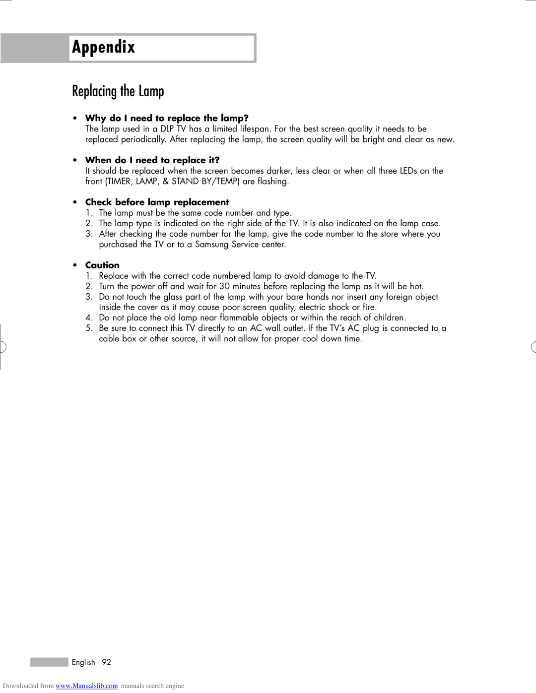 Samsung HL-R5056W manual Appendix, Replacing the Lamp, Why do I need to replace the lamp?, When do I need to replace it? 