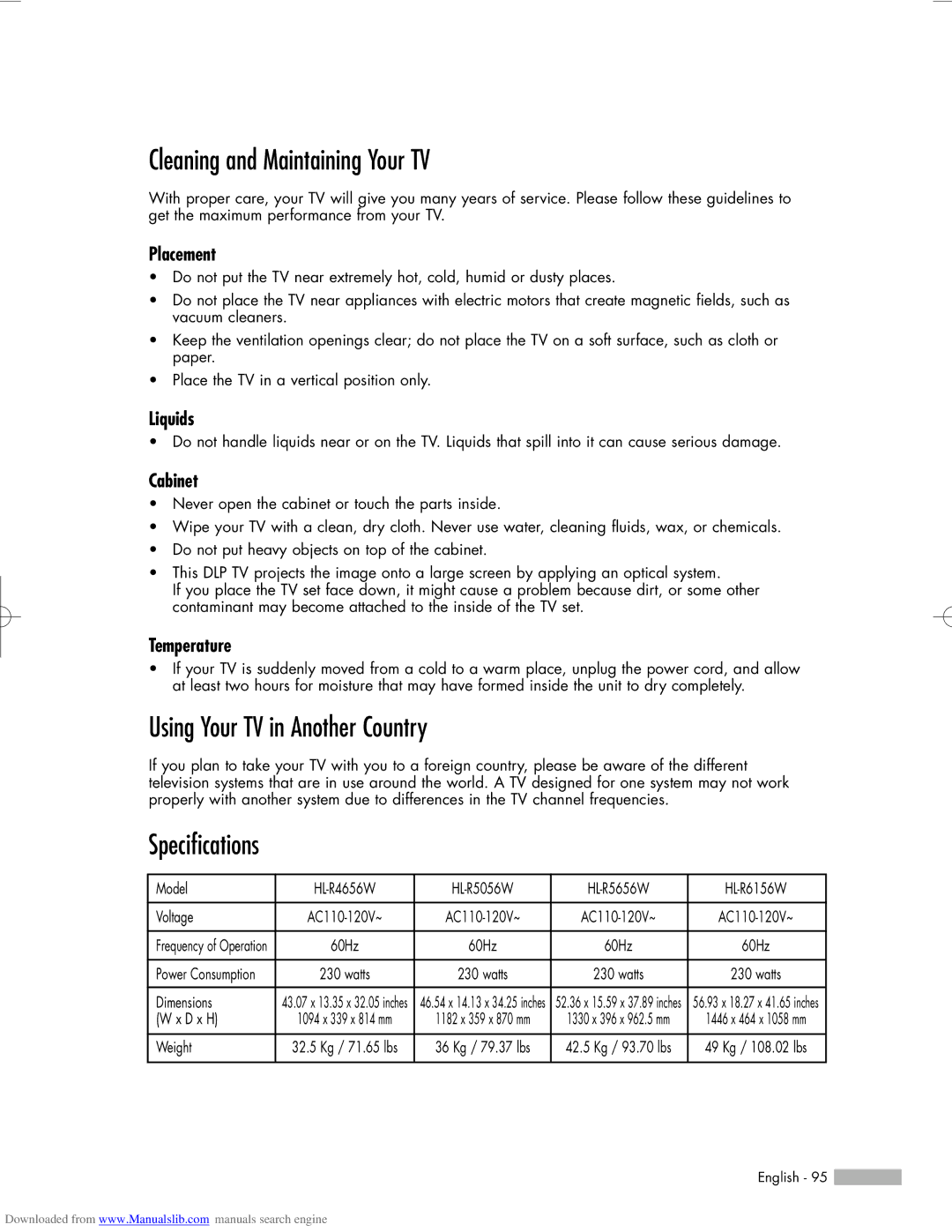 Samsung HL-R5056W, HL-R6156W, HL-R5656W Cleaning and Maintaining Your TV, Using Your TV in Another Country, Specifications 