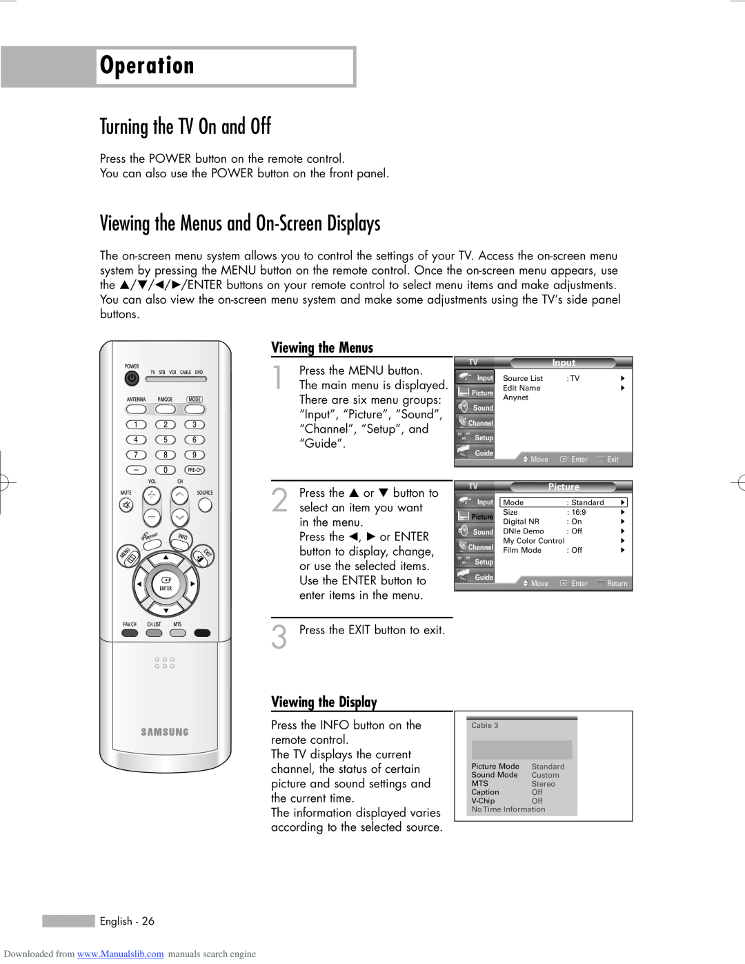 Samsung HL-R5056W Operation, Turning the TV On and Off, Viewing the Menus and On-Screen Displays, Viewing the Display 